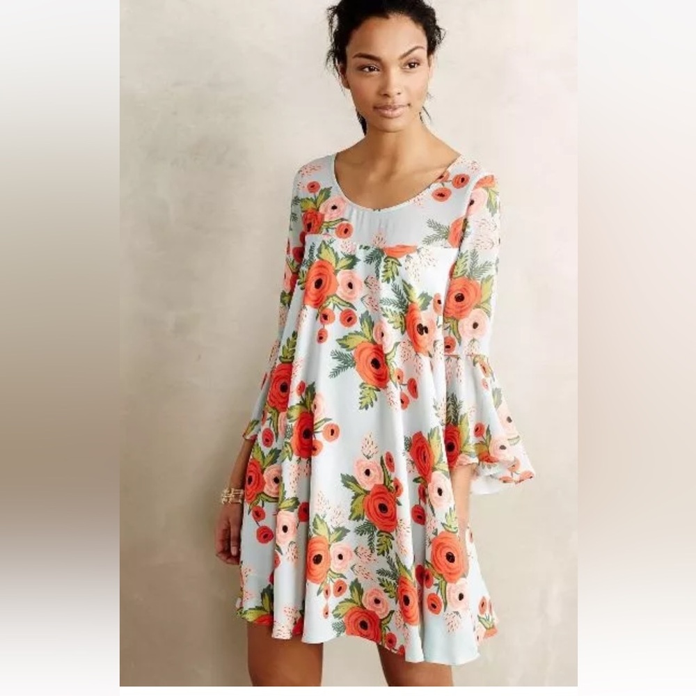 Anthropologie rifle paper & paper crown Bell Sleeve fluttered bloom dress. L